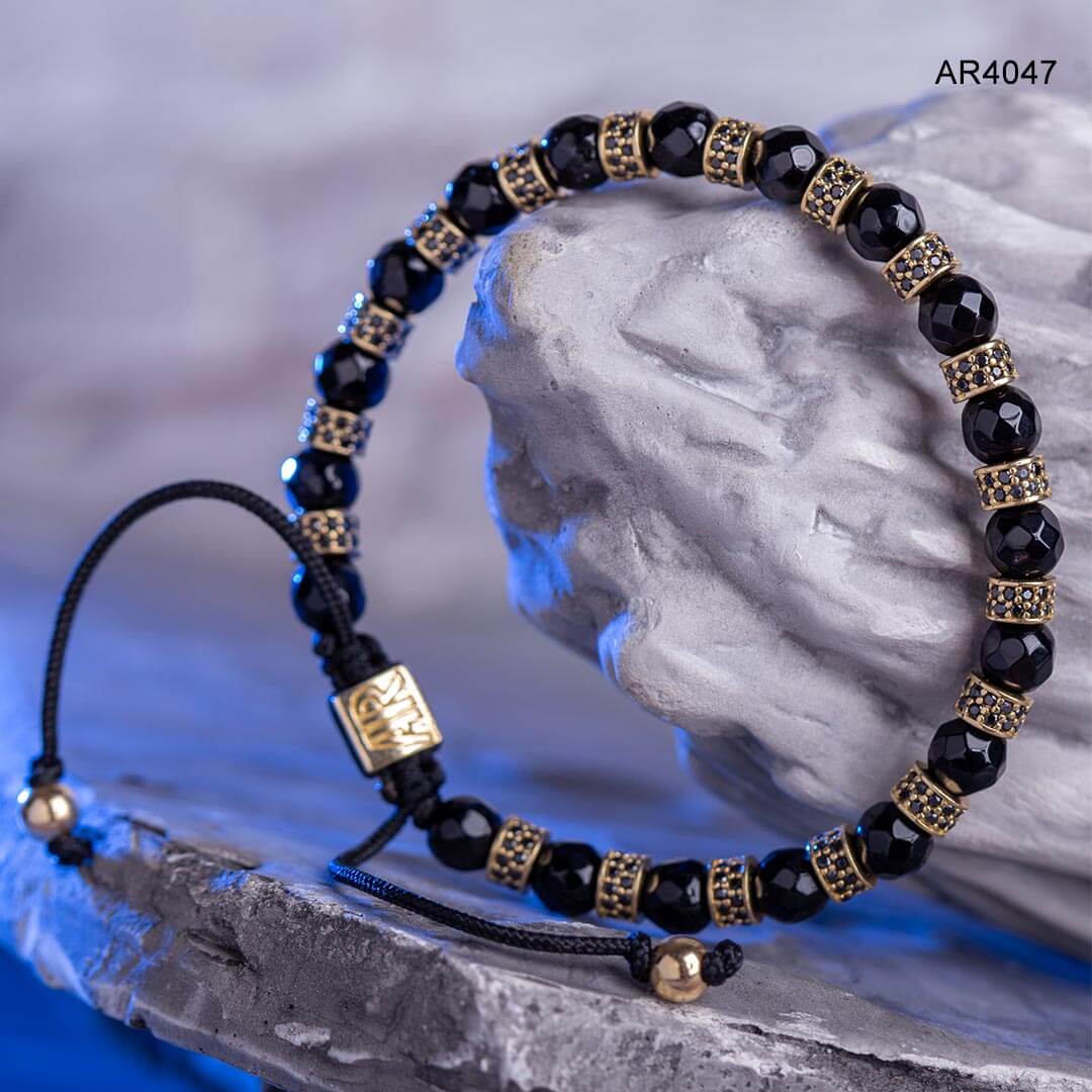 AR4047 bratara aur cu snur si pietre semipretioase onix ARJewels